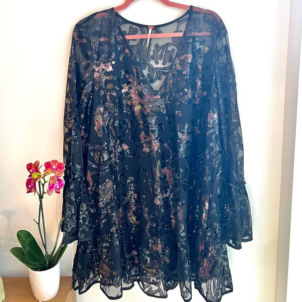 Free People Boho Black Sheer Sequin Tunic Dress - Picture 4 of 13